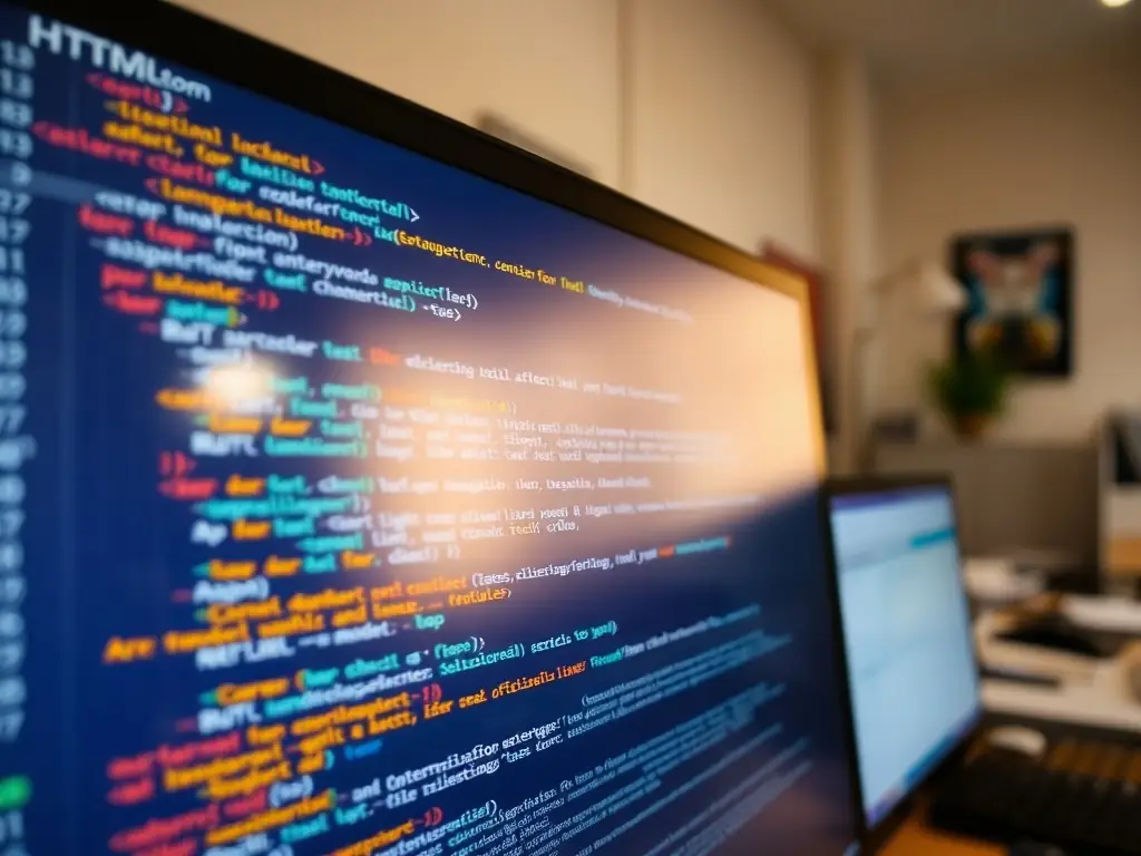 A clean, well-organized HTML code snippet displayed on a monitor, showcasing the structure of a basic webpage with tags and elements, used in the Modules section of nextstream.site.