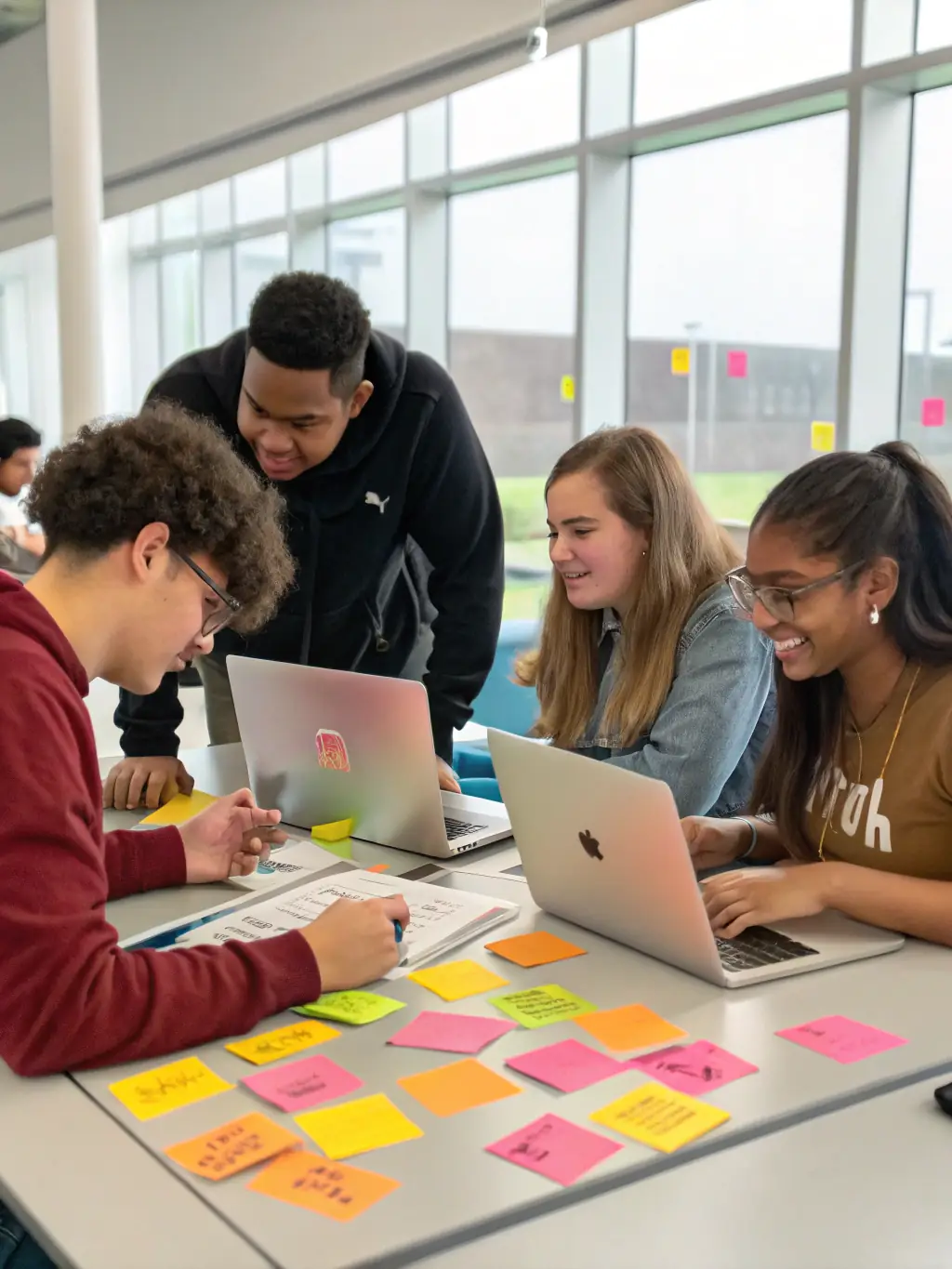 A diverse group of students collaborating on a web development project, showcasing teamwork and practical application of skills.