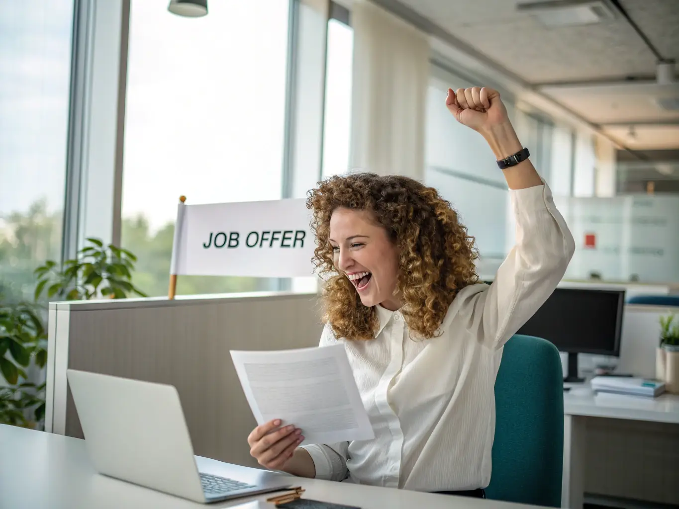 A graduate of a web development course receiving a job offer letter, symbolizing career success and achievement.