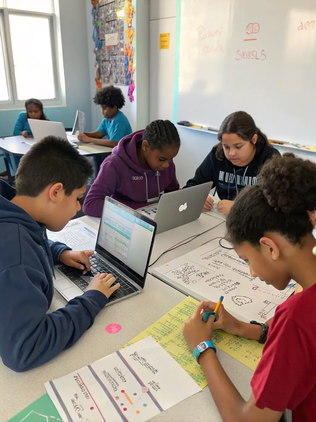 A group of students collaborating on a web development project, showcasing teamwork and practical application of skills learned at Nextstream.site.