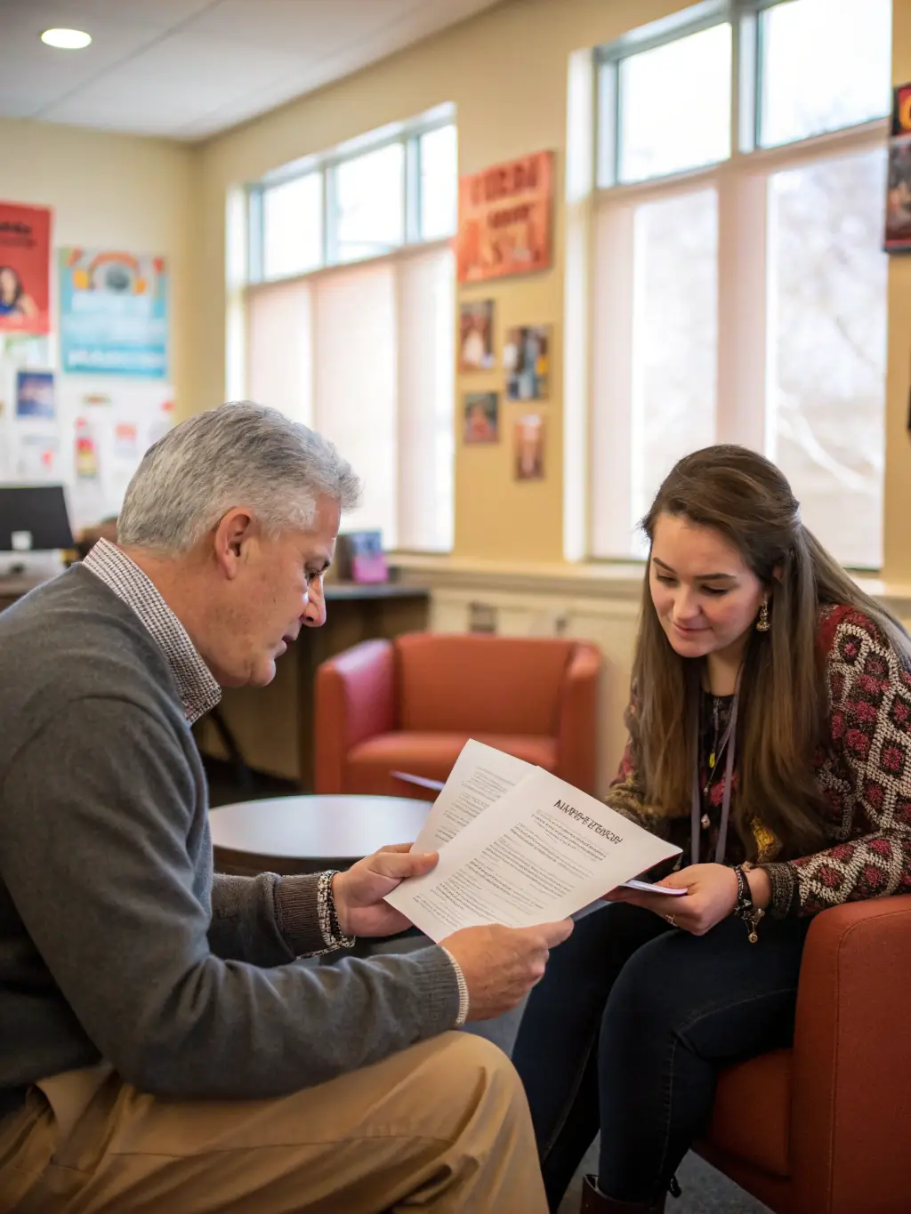 A career counselor providing guidance to a student, emphasizing career support and job placement assistance.