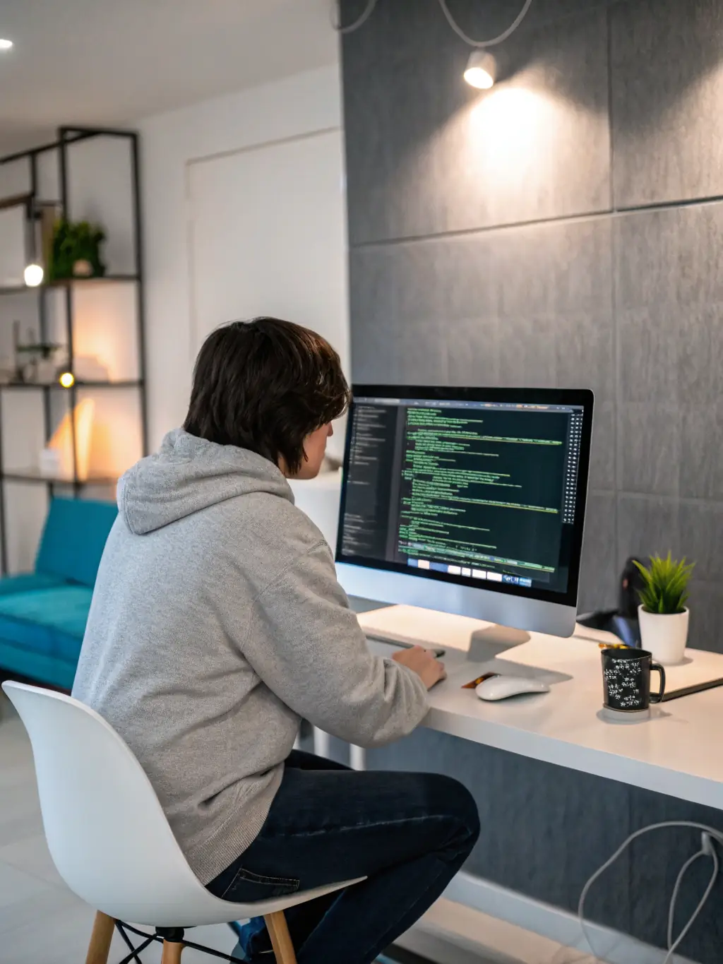A student successfully coding at a computer, focused on learning web development, in a modern classroom setting at Nextstream.site.