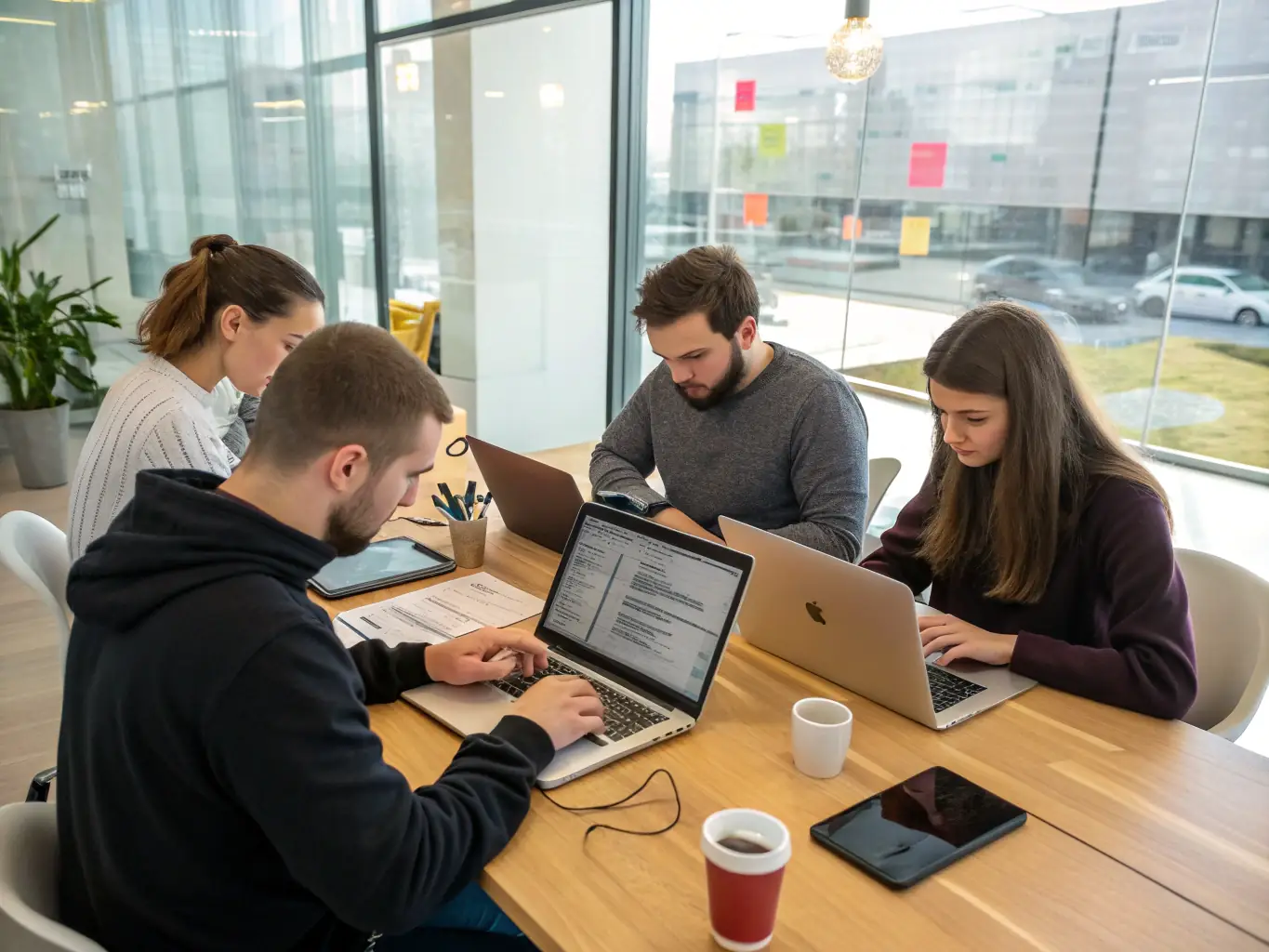 A diverse group of web developers collaborating on a project in a modern office space in London, UK, showcasing teamwork and innovation.